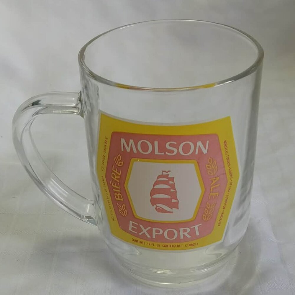 Vintage Molson Export beer mug made of glass, 1970s with the brand's iconic logo
